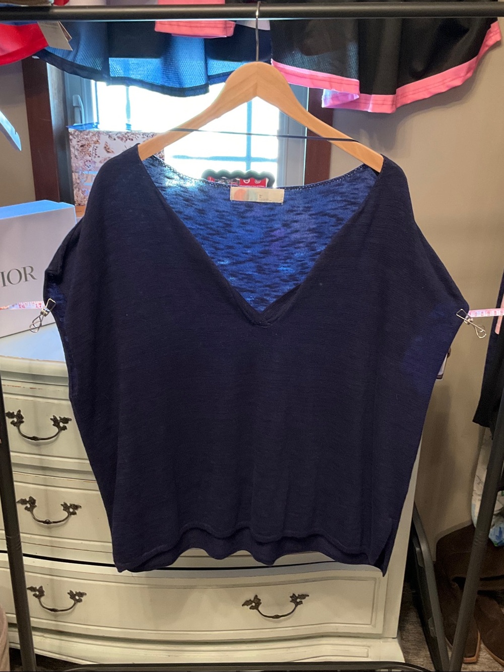 Free People Navy V-Neck Boxy Knit Pullover